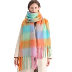 PRICES MAY VARY. ⛄Classical Plaid Pattern: The big colorful thick ,long and warm winter scarf is tassel trimmed, perfect soft touching feeling. The colors are timeless and so beautiful for the spring, fall and winter. Classical plaid pattern will be never out of date. ⛄Chunky Scarf - 100% Polyester material with cashmere feeling, soft and fashionable, thickened and warm.It will provides you enough warmth in the cold winter! ⛄Fashionable Plaid Scarf - Colorful plaid, bright colors, fashionable an Tassel Blankets, Rainbow Scarf, Scarf Casual, Plaid Blanket Scarf, Celebrity Style Icons, Checked Scarf, Colorful Scarf, Plaid Fashion, Blanket Scarf