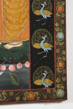 an ornate painting with peacocks and trees in the background