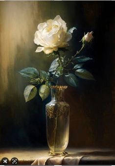 a painting of a white rose in a vase