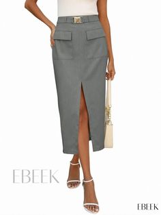 Classic High-Waisted Skirt with Adjustable Waistband and Pocket Flaps Professional Skirt, Long Wrap Skirt, Work Skirt, Cloth Belt, Grey Midi Dress, Long Sleeve Wrap Dress, Work Skirts, Long Skirts For Women, Skirt Belt