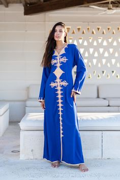 *Note : The kaftan in the video is a different color and is only displayed to show the fit, flow, and cut of the Kaftan. You will receive the one in the pictures.* Feel like a Royalty! This Kaftan maxi dress is ideal to wear for any casual occasion. Whether a wedding, gathering, taking a trip down the shopping lane, or home-based kitty parties, or about anything else, wearing this dress will make you feel classy and comfortable.  The perfect house dress for lounging or having a coffee in your ba Traditional Blue Maxi Length Abaya, Blue Embroidered Maxi Dress For Eid, Blue Maxi Dress For Eid, Traditional Blue Floor-length Thobe, Blue Tunic Thobe For Eid, Traditional Blue Maxi Dress For Eid, Blue Tunic Maxi Dress For Eid, Blue Maxi Length Abaya For Spring, Blue Floor-length Kaftan For Eid