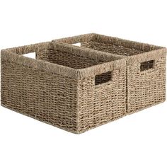 two wicker baskets with handles on the bottom and one in the middle for storage