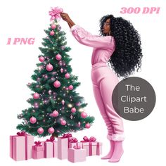 the clipart babe christmas card features an image of a woman decorating a tree