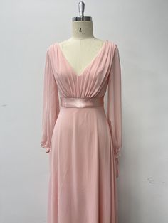 Women's Pink Chiffon Lace-Up Long Sleeve V-Neck Evening Gown Feminine Evening Chiffon Dress With V-neck, Fitted Long Sleeve Chiffon V-neck Dress, Formal V-neck Evening Dress With Sheer Sleeves, Formal Evening Dress With Sheer Sleeves And V-neck, Fitted V-neck Chiffon Dress In Feminine Style, Pink Chiffon V-neck Maxi Dress, Chiffon V-neck Bridesmaid Evening Dress, Chiffon V-neck Evening Dress For Bridesmaids, Flowy Chiffon V-neck Dress For Wedding Guests