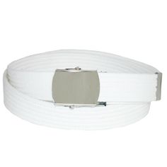 Ribbed fabric adds style to the traditional web fabric belt. The clamp on military buckle has a polished nickel finish. Fully adjustable up to 44 inches. Made of Cotton Web White Adjustable Belt For Summer, White Waist Belt, Cute White Belt, White Adjustable Fabric Belt, Classic Adjustable Silver Belt Buckles, Jean Belts, White Belt, Casual Belt, Fabric Belt