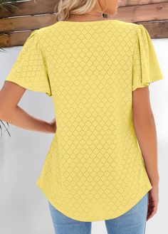 Non-stretch Crew Neck Top For Beach, Non-stretch Short Sleeve Blouse For Beach, Non-stretch Cotton Beach Top, Summer Hollow Out Short Sleeve Tops, Hollow Out Short Sleeve Summer Tops, Non-stretch Solid Color Beach Top, Yellow Non-stretch Casual Top, Yellow Solid Color Shirt For Summer, Summer Yellow Solid Color Shirt