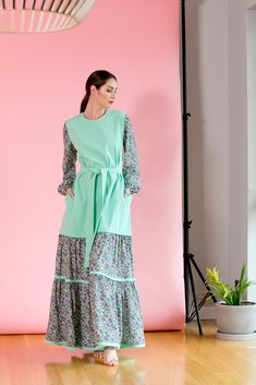 "Everyday Casual Spring Summer Boho Dress with pockets, Mint and Floral Dress Design, Birthday Gift and Birthday Party Dress, Full Maxi Dress, Long Sleeves, Plus size Belted Dress. Elegant Spring and Summer Boho Dress for every day. Suitable for birthdays, garden parties, for boho weddings, formal and informal events. Plus size dresses are available. Dress features: - Maxi Fit Dress - Mint and Floral - Full Maxi Length - Long Sleeves Dress - Collection Spring Summer 2019 This beautiful floral dr Fashion Student Aesthetic, Full Maxi Dress, Summer Boho Dress, One Piece Gown, Student Aesthetic, Floral Dress Design, Maxi Kaftan, Beautiful Floral Dresses, Design Birthday