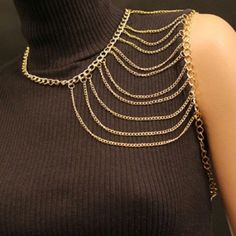 Gold Colored Body Shoulder Chain Harness Statement Piece Glam Up A Simple Outfit New And Unworn Adjustable Length For Neck, Lobster Clasp Body Harness Jewelry, Harness Jewelry, Gold Chain Necklace Womens, Chain Harness, Luxury Wedding Rings, Shoulder Jewelry, Shoulder Necklace, Queen Jewelry, Gold Outfit