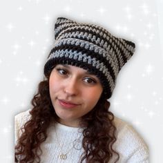 * This cat ear beanie is handmade with acrylic yarn 🧶  * Beanie looks square lying flat but will adjust to a cat ear shape once you try it on 🐱💕 * Adult sized - one size fits most - measures about 22 inches in circumference - plenty of stretch  * Cuff can be adjusted to your preference * PLEASE NOTE: This item is made to order - please allow 1-2 weeks (7-14 business days) to ship 📦 Crochet Square Beanie, Square Beanie, Crochet Cat Ear Beanie, Yarn Beanie, Cat Ear Beanie, Ear Beanie, Cat Eared Beanie, Cat Ears Hat, Cat Beanie