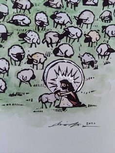 a drawing of a person holding an umbrella in front of a large herd of sheep