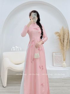 🌻 Stretchy level: 2/10 🌻Material: Lụa vân gỗ 🌻 The measurement of this ao dai (long dress) is in Vietnamese size (American size tends to be bigger for the same size). Please LOOK AT THE SIZE CHART CAREFULLY BEFORE ORDERING. There might have some chalk writings on the fabric due to making process. These marks can be washed away easily. 🌻No returns or exchanges Buyer can contact seller about any issues with an order. 💜 Thank you very much!💜 Elegant Long Sleeve Spring Cheongsam, Elegant Long Sleeve Pink Cheongsam, Pink Cheongsam For Spring Party, Pink Spring Party Cheongsam, Pink Summer Wedding Cheongsam, Summer Wedding Pink Cheongsam, Summer Wedding Ao Dai With Long Sleeves, Pink Long Ao Dai For Wedding, Pink Long Sleeve Cheongsam For Spring