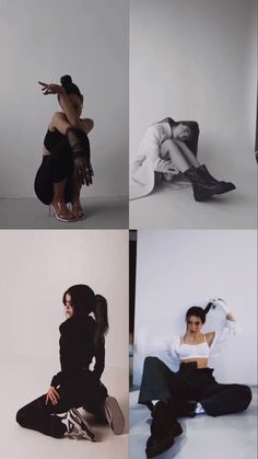 four different images of women in black and white outfits, one is sitting on the floor