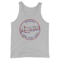 Gear up for summer holidays with our vintage style God Bless America unisex tank -- great for men or women! Graphic is distressed for that instant vintage vibe. Looking for more 4th of July gear? Check these out: https://www.etsy.com/shop/TheGraphicPeach?ref=seller-platform-mcnav§ion_id=33390667 Our shop uses direct-to-garment printing to make our products. The design ink is sprayed on, then allowed to soak into the fibers of the garment. This process yields fine quality prints and a smooth fini Memorial Day Sleeveless Cotton Top, Sleeveless Cotton Tops For Memorial Day, Memorial Day Casual Sleeveless Tank Top, 4th Of July Cotton Tank Top With Letter Print, Casual Sleeveless Tank Top For Memorial Day, Cotton Tank Top For 4th Of July, Patriotic Cotton Tank Top For Memorial Day, Patriotic Cotton Tank Top, America Tank Top