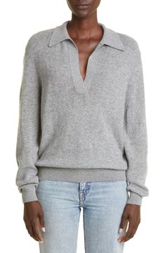 Khaite Jo Stretch Cashmere Polo Sweater | Nordstrom Cashmere Polo Sweater, Lily Silk, Cashmere Polo, Johnny Collar, Polo Sweater, Collar Sweater, Polo Neck, Warm Grey, Cashmere Sweater