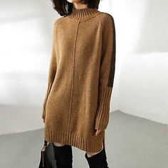 Find ideas๏ฟฝand inspiration for Women Mock Neck Mid Length Sweater Dress Loose Thicken Woolen Jumper Fall Winter, Women's Sweaters Maxi Sweater Dress, Split Sweater, Maxi Sweater, Wool Sweater Dress, Pullover Mode, Winter Pullover, Ladies Turtleneck Sweaters, Turtleneck Sweater Dress, Estilo Chic