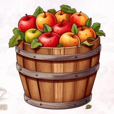 Apples in Wooden Barrel Watercolor Apples In A Basket, Apple Illustration, Basket Fruit, Apple Baskets, Food Clipart, Apple Art, Watercolor Graphic, Background Clipart, Wooden Barrel