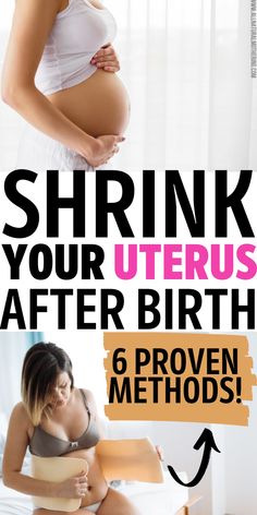 a pregnant woman sitting on top of a bed with the words shrink your uterous after birth 6 proven method