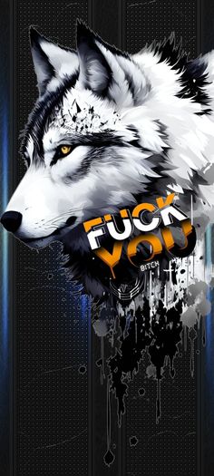 a wolf with an orange and black tag on it's face, next to the words fock