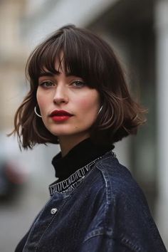 Full Fringe Short Hair, French Bob Wispy Bangs, French Bob Outfit, Italian Bob Haircut With Bangs, French Short Hair, French Bob Thick Hair, Cool Girl Bob, Bob With Full Fringe