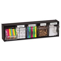 a black shelf filled with lots of different colored pencils and paper clippings