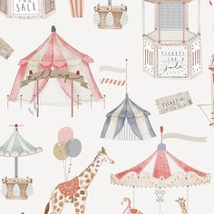 a circus tent, giraffes and balloons are featured in this seamless pattern