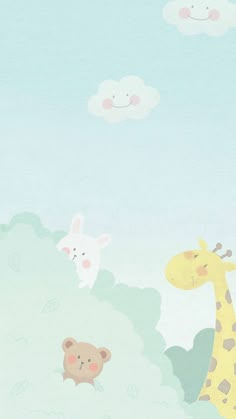 a giraffe, bear and rabbit are in the sky with clouds above them