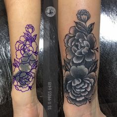 two tattoos with flowers on their arms and one has a purple line in the middle