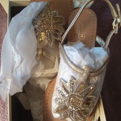 Coach Never Worn Beaded Sunflower Sandals 7.5 -Matching Bag Also Listed Coach Sandals For Summer Evenings, Embellished Flat Beige Sandals, Embellished Wedding Sandals For Summer, Beaded Sunflower, Beaded Sandals, Coach Shoes, Women's Shoes Sandals, Sunflower, Shoes Sandals