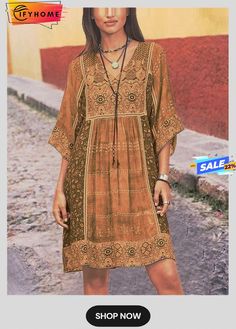 Women Half Sleeve V-neck Vintage Floral Casual Midi Dress Brown V-neck Boho Dress For Fall, Bohemian V-neck Dress For Fall, Bohemian V-neck Dress For Fall Vacation, V-neck Boho Print Dresses For Fall, Bohemian V-neck Midi Dress For Fall, Brown V-neck Dress For Spring, Elegant V-neck Boho Dress For Fall, Fall Boho Print Mini Dress With V-neck, Fall V-neck Mini Dress With Boho Print