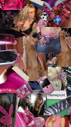 a collage of women in pink and black outfits