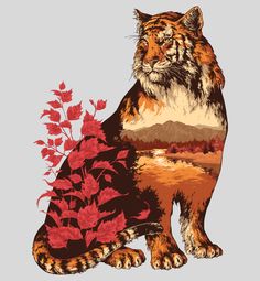 a tiger is sitting in front of some red flowers and leaves on a gray background