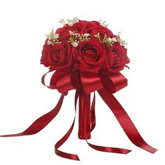 a bouquet of red roses tied to a ribbon