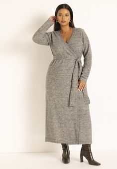 Close fitUnlinedFunctional wrap with keyhole at side seamLong fitted sleeveMidi lengthBody length on size 18 is 52"Stretch sweater yarnContent: 72% Acrylic Sweater Wrap Dress, Picture Questions, Plus Size Sweater Dress, Eloquii Dress, Wrap Sweater Dress, Sweater Wrap, Plus Size Sweater, Plus Size Fall, Black Sweater Dress