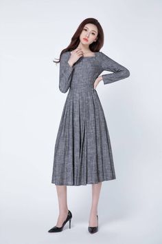 "Oh-so easy + breezy in this linen midi dress from Xiaolizi. In a long sleeves silhouette with a fitted waist. The grey dress topped with a square-neckline. The casual spring dress finished with a midi-length skirt with pleated detailing. Details * Linen blend * 50% linen , 50% cotton blend * Classic and beautiful color * Fitted waist to show off your curves * Square neckline * Long sleeves * No pockets * Side zipper in the right side * Pleated on the waist * Below knee length * Wash by hand or Spring Gray A-line Maxi Dress, Spring Linen A-line Midi Dress, Linen A-line Midi Dress For Daywear, Gray Pleated Dress For Spring, Pleated A-line Linen Dress, Spring Linen Pleated Midi Dress, Spring Pleated Linen Midi Dress, Pleated Linen A-line Dress, A-line Linen Pleated Dress