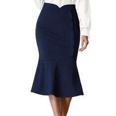 New With Tags And Spare Button Blue High-waisted Skirt With Button Closure, High Waist Blue Skirt With Button Closure, Fitted Blue Bottoms With Buttons, Blue Buttoned Skirt, Elegant Blue Bottoms With Buttons, Mermaid Midi Skirt, Women Skirts Midi, Midi Skirt, Womens Skirt