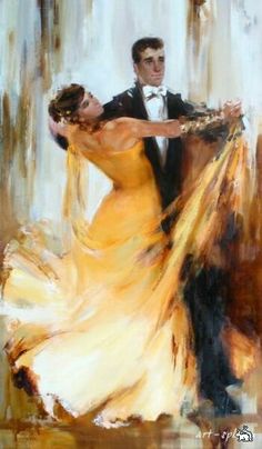 a painting of a man and woman dressed in formal wear dancing together with each other