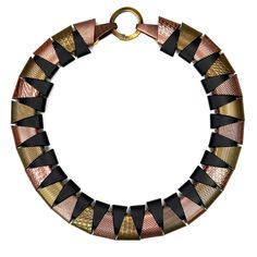 18 karat gold, rhodium, antiqued copper, antiqued brass or black resin enamel electroplated over brass 17" with loop and hook closure Black Resin, Gold Copper, Metal Necklaces, Antique Copper, Round Collar, Antique Brass, Copper, Brass, Collar