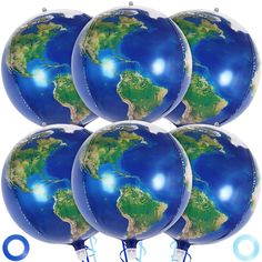 six blue and green globe balloons with string