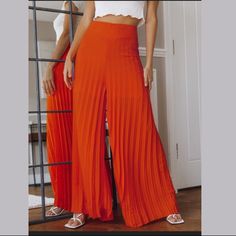 Wide Leg Palazzo Pants, Shorts Lining, Elastic Waist, Belt Loops Only On Sides, Pleated Palazzo. Stock Photo Only For Styling Purpose, Hard To Capture The Real Color, Photos Were Taken Indoors, Coral/Orangey/Salmon, Smoke Pets Free Home, Fast Shipping, Color May Vary By Device Screen And Light Chic Pleated Summer Pants, Trendy Pleated Non-stretch Bottoms, Trendy Non-stretch Pleated Bottoms, Summer Stretch Pants For Going Out, Summer Going-out Pants, Stretch Pants For Going Out In Summer, Pleated Wide Leg Pants For Summer, Trendy Pleated Wide-leg Pants, Summer Straight Pants For Going Out