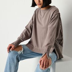 Lounge comfortably in Arizona's oversized sweatshirt from their junior's and women's collection whether at home for a chill day or out with friends. Made from soft cotton French Terry with recycled fabric, this pullover has a crew neckline, long sleeves with split cuffs, and a high-low hem. Pair it with the matching sweatpants for a full look.Closure Type: Pullover HeadFit: Oversized FitNeckline: Crew NeckSleeve Length: Long SleeveSleeve Style: Cuffed SleeveApparel Length: 24 Inches - Front, 25… Large Shirts, Arizona Jeans, Long Sleeve Sweatshirt, Oversized Sweatshirt, Recycled Fabric, Long Sleeve Sweatshirts, Women Collection, Crew Neckline, French Terry