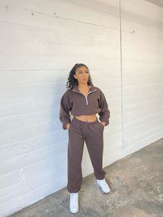 Chocolate cropped hoodie with zipper detail + matching color sweatpant with pockets. Oversized fit. Manufactured in Los Angeles. Sporty Half-zip Sweats For Loungewear, Trendy Tracksuit With Ribbed Cuffs For Loungewear, Hoodie Sweatpants Outfit, Hoodie And Sweatpants Outfit, Hoodie With Zipper, Sweatpants Outfit, Hoodie And Sweatpants, School Clothes, Teenager Outfits