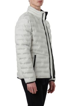 Quilted construction is paired with a padded stand collar in a water-repellent bomber jacket that will keep you warm when the temperatures cool down. 28 1/2" length Stand collar Water-repellent Lined 100% polyester Dry clean Imported Winter White Nylon Puffer Outerwear, Winter White Outdoor Puffer Jacket With Padded Collar, Winter White Puffer Jacket With Padded Collar For Outdoor, Winter White Down Outerwear With Padded Collar, Quilted Nylon Outerwear In Winter White, Cold Weather Nylon Outerwear With Padded Collar, Winter White Quilted Nylon Outerwear, Nylon Outerwear With Padded Collar For Cold Weather, Sporty Down Outerwear With Padded Collar