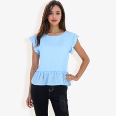 The Anna-Kaci Women's Flutter Sleeve Round Neck Blouse with Gathered Waist is the perfect blend of comfort and style. Made from a soft and breathable fabric, this blouse features delicate flutter sleeves and a round neckline that add a feminine touch to your look. The gathered waist creates a flattering silhouette, making it an ideal choice for both casual and dressy occasions. Whether paired with jeans for a relaxed day out or dressed up with a skirt for a more polished appearance, this versati Round Neck Blouse, Maternity Tunic, Comfortable Tops, V Neck Blouse, Flutter Sleeves, Sleeve Detail, Shop Blouses, Short Sleeve Blouse, Medium Blue