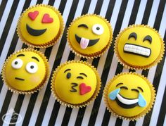 six yellow cupcakes with different faces on them