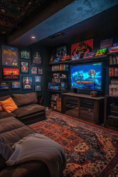 a living room filled with lots of different types of movies on the walls and televisions