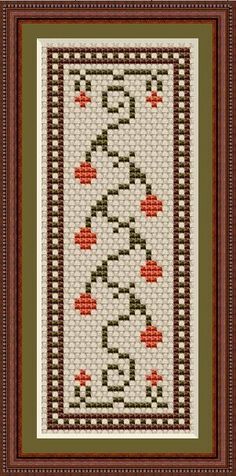 a cross stitch pattern with red flowers on white and green background, framed by brown trim