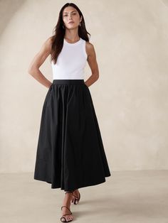 Ariella Poplin Midi Skirt | Banana Republic Skirt For Office Wear, Black Poplin Skirt Outfit, Poplin Skirt Outfit, Black Midi Skirt Outfit Summer, Midi Skirt Outfit Summer, Black Midi Skirt Outfit, Midi Skirt Outfits Summer, Petite Midi Skirt, Neutral Wardrobe