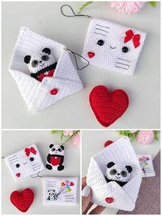 crocheted panda in envelope with hearts