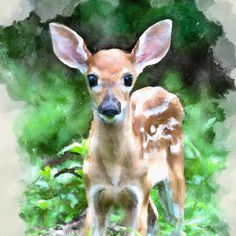 a painting of a baby deer standing on top of a grass covered field with trees in the background