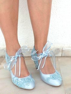 "Something blue wedding shoes for bride and bridesmaids, custom heel heights and shoe styles available. Feel yourself like a princess in these shoes on your fairy tale wedding! Perfect wedding gift, bridesmaids gift, bachelorette gift or engagement gift. Baby blue satin shoes are designed with embellished lace. Light blue beads and shiny sequins are used on the embroidery and light blue organza ribbons tie on the front. They are made of soft smooth satin and delicate lace, each handmade item is Blue Wedding Shoes For Bride, Regency Shoes, Blue Satin Shoes, Embellished Wedding Shoes, Lace Bridal Shoes, Custom Heels, Wedding Shoes For Bride, Shoes For Bride, Blue Wedding Shoes